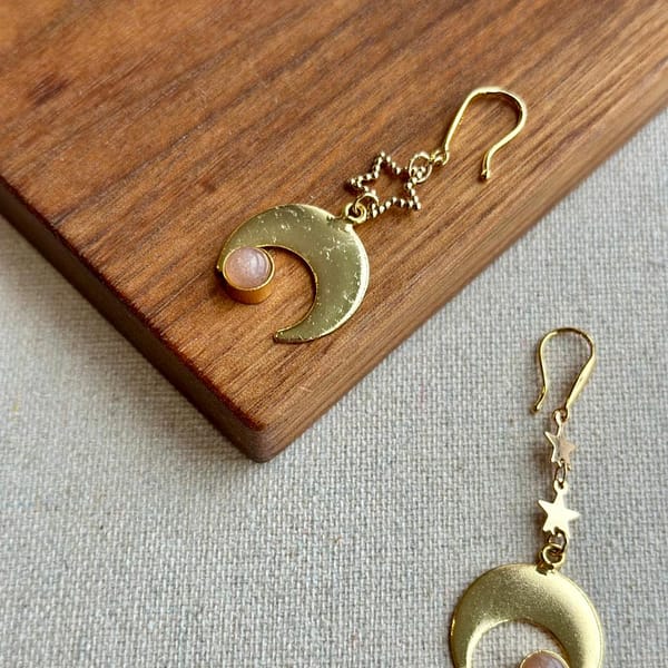 Peach Moonstone Magic Star And Moon Gold-plated Earring